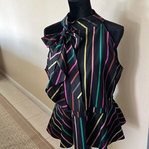NewYork &Co NWT halter top black rainbow stripes flair ruffle bottom bow neck L